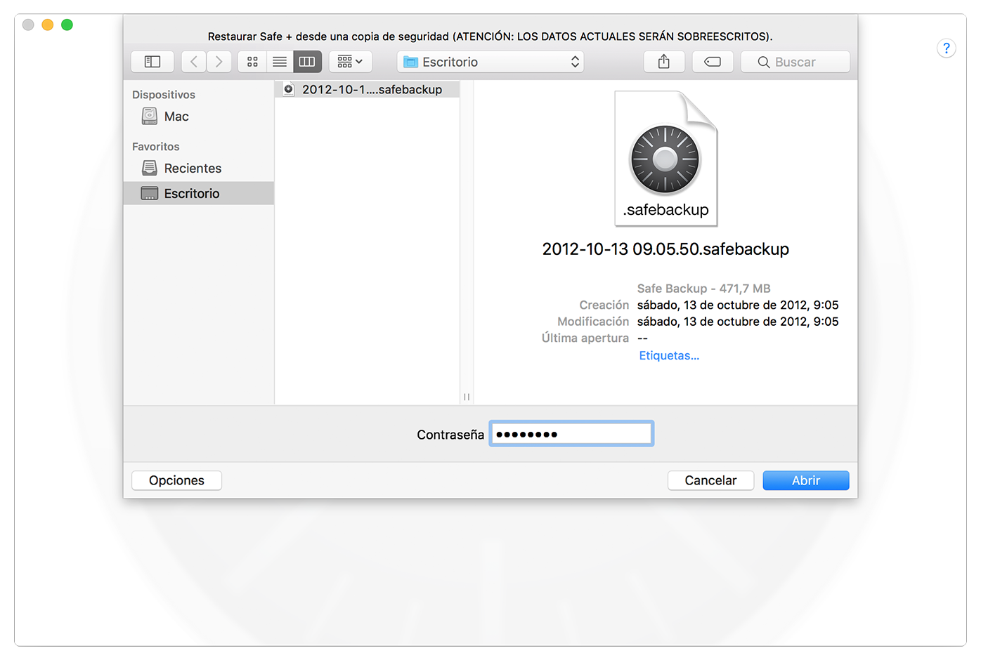 Safe + for Mac Restoring a Backup.