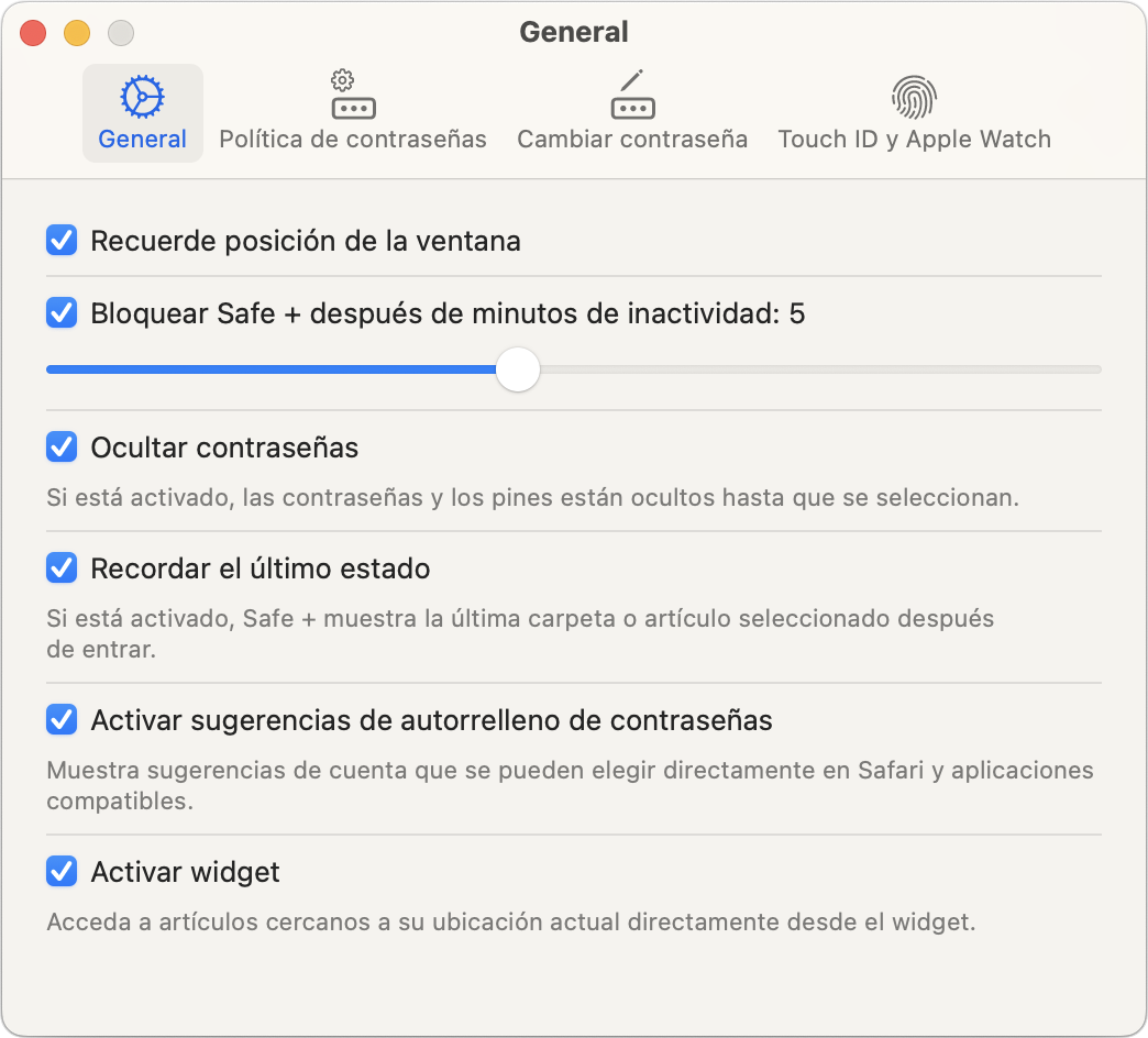 Safe + for Mac Preferencias.