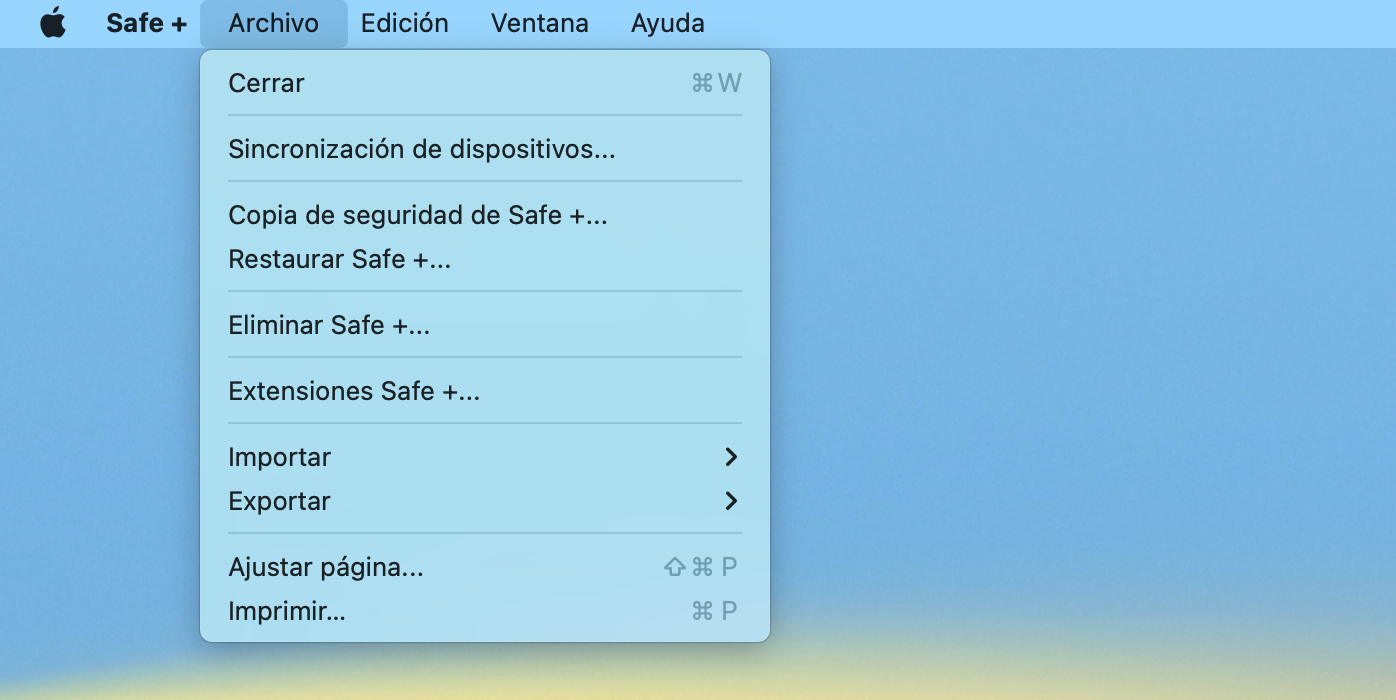 The Archivo Menu of Safe + for Mac.